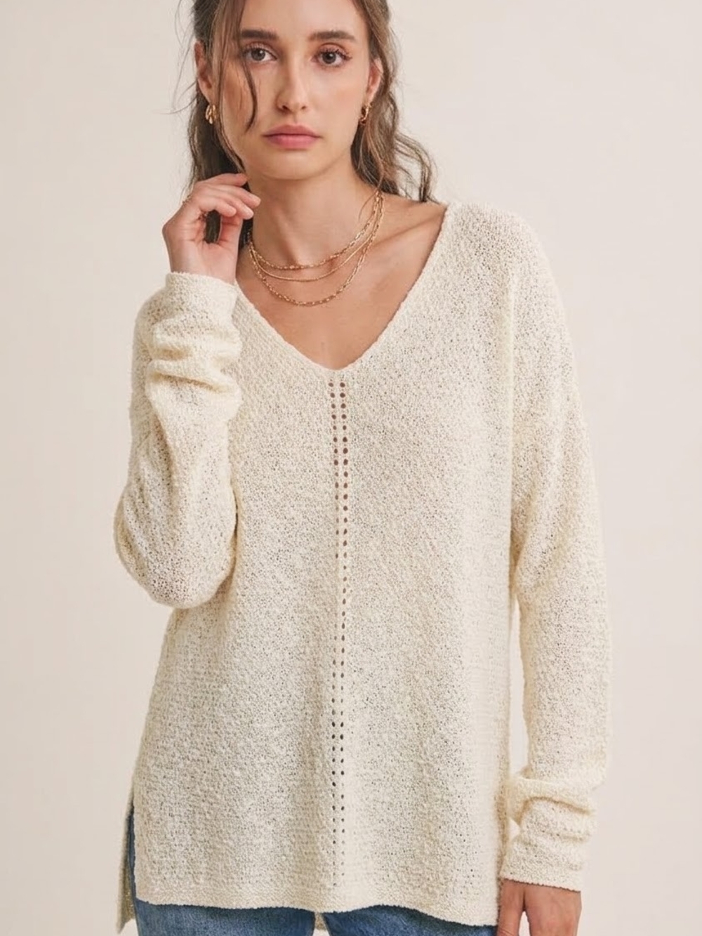 Ces Femme Cream V-Neck Open Knit Slouchy Tunic Sweater S